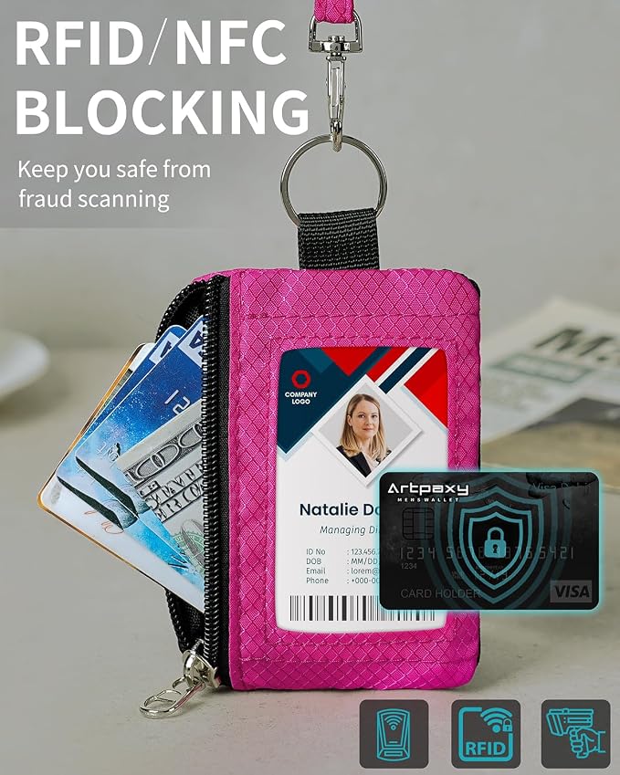 Artpaxy Minimalist Wallet For Mens Womens, Keychain RFID Blocking Zipper Small Wallet with ID Window 2 Lanyards,Water Resistant Travel Cash Card Coin Case Boys Girls - Image 5