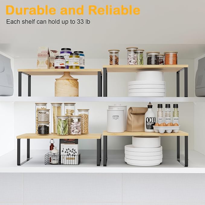 OGEMXU Cabinet Shelf Organizers, 15.7 inches Large Kitchen Counter Shelf, Set of 2 Wood Kitchen Pantry Organizer, Storage Shelves for Countertop, Spice Rack, Stackable, Expandable, Metal Black, Nature - Image 4