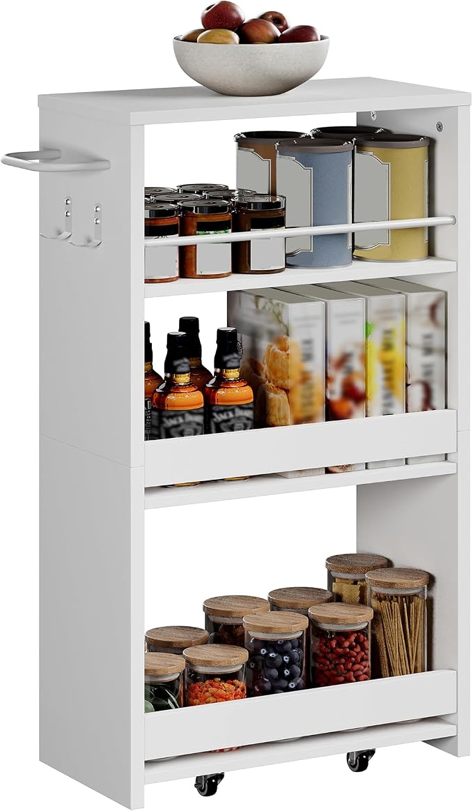 ChooChoo 4-Tier Bathroom Storage Cart, 7.87 inches Wide Narrow Storage Cabinet with 360° Wheels and 2 Hooks, Laundry Room Storage Organizer for Kitchen, Narrow Places, Living Room, White - Image 7
