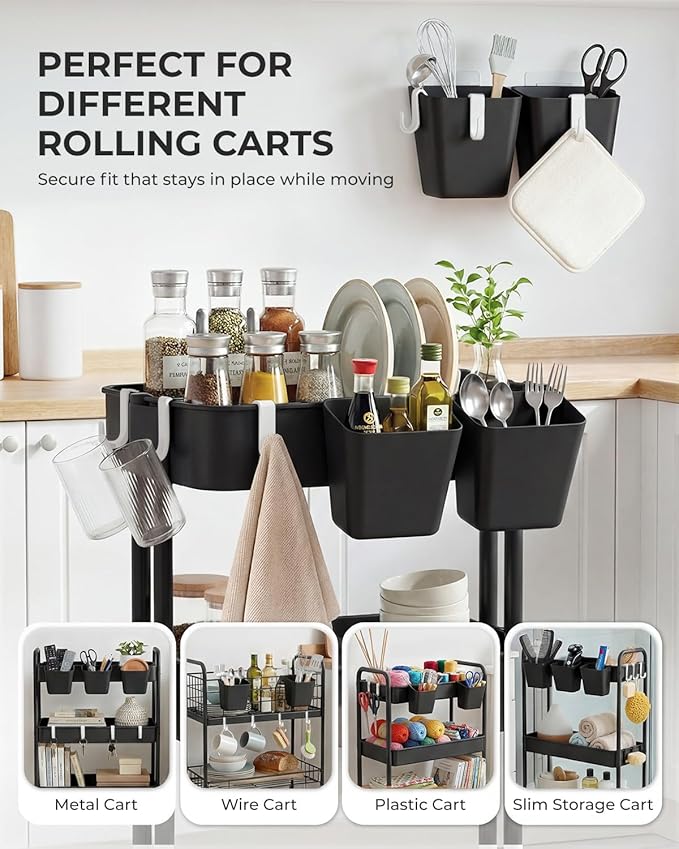 4 Pack Rolling Cart Accessories, Black Craft Cart Cup Holder and 6 Hooks for Utility Carts, Adhesive Kitchen Cabinet Door Storage, Space-Saving Wall Mount Organizer for Bathroom, Office, Makeup - Image 3