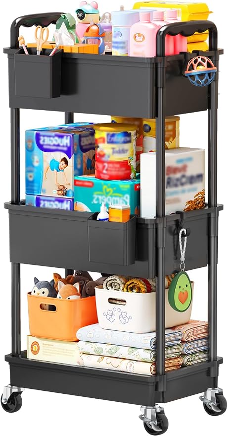 SUNALLY Baby Diaper Caddy Cart,3 Tier Rolling Diaper Cart for Nursery | Large Capacity & Easy Assemble Diaper Storage Organizer with Lockable Wheels for Newborn, New Mom, Baby Girl Boy Essentials by SUNALLY
