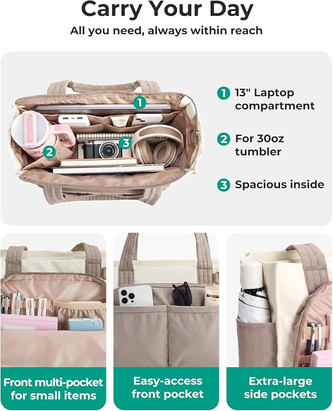 BAGSMART Tote Bag for Women, Puffy Laptop Work College Shoulder Handbag | 30oz or 40oz Tumbler Holder with Crossbody Strap, 13 inch or 15.6 inch Laptop Sleeve, Water Resistant Puffer Teacher Tote Bag - Image 5