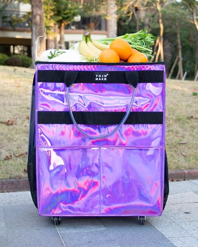 Reusable Grocery Bag with Wheels, Large Glitter Purple Rolling Tote - Image 2