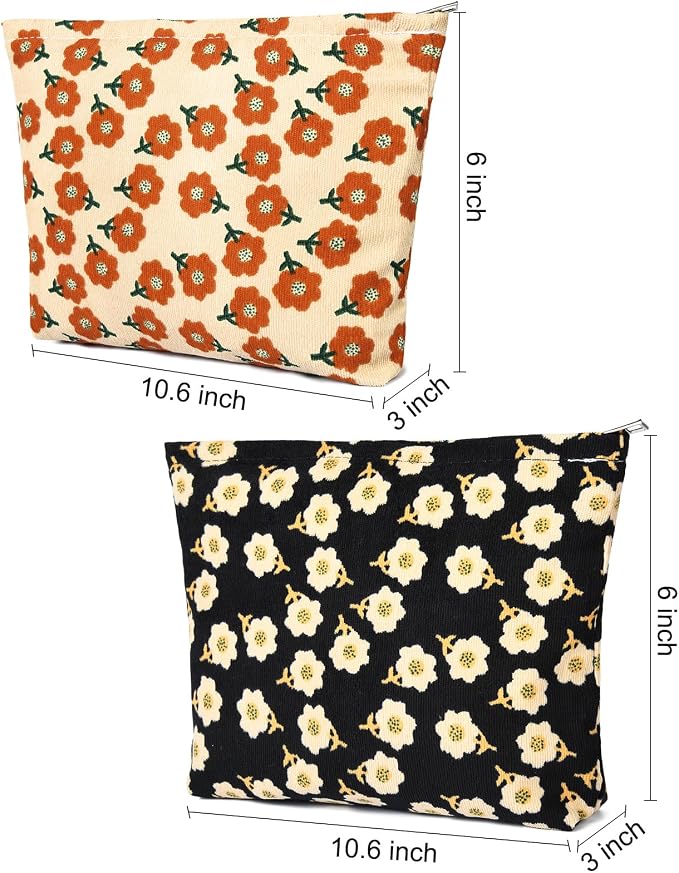 SOIDRAM 2 Pieces Flower Makeup Bag Large Corduroy Cosmetic Bag Capacity Canvas Travel Toiletry Bag Organizer Cute Makeup Brushes Aesthetic Accessories Storage Bag for Women, Flower L Orang Black - Image 3