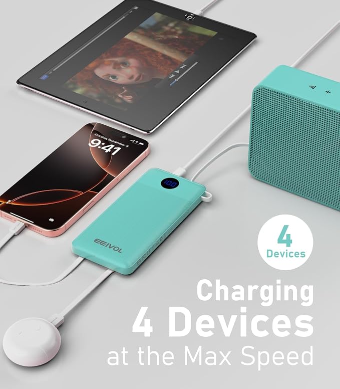 Portable Charger with Built in Cables, 10000mAh Power Bank, Battery Pack | 1 Pack, Slim, Travel Essentials, 4 Output 2 Input, for iPhone 17/16/15/14/13,Samsung, Android, etc-Green - Image 2