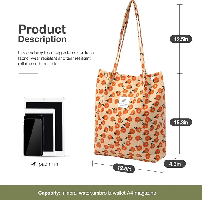 LHMTQVK Corduroy Tote Bags for Women, Large Capacity Tote Purse Reusable Grocery Shoulder Bag with Inner Pockets - Image 3