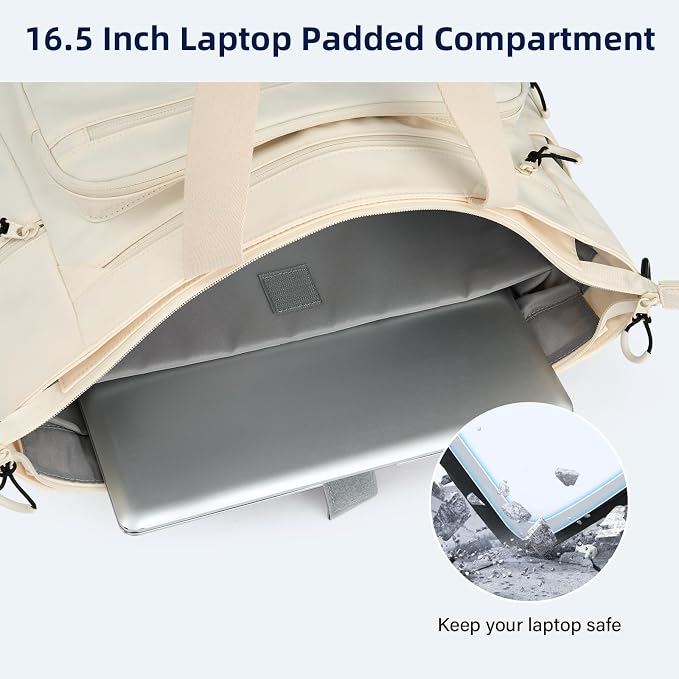 HanTrip Large Laptop Tote Bag with Luggage Sleeve for Travel Work, Offwhite | 16.5 Inch Laptop Sleeve, 31L Zippered Tote Bags, Water Resistant, Water Bottle Pocket, Detachable Adjustable Shoulder Strap - Image 4