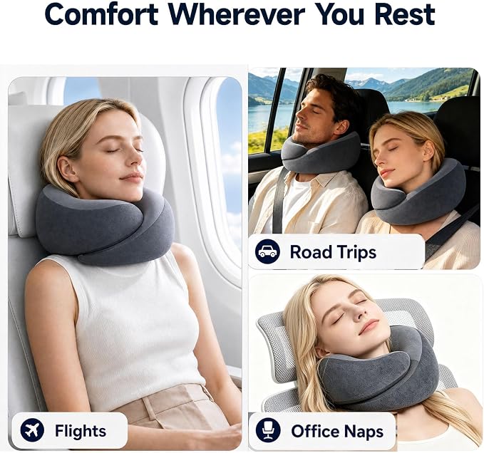 Airplane Travel Pillow, Wrap-Around Neck Support for Long Flights, Gray | Wrap-Around Neck Support Helps Keep Your Head Upright on Long Flights, with Eye Mask and Earplugs - Image 6