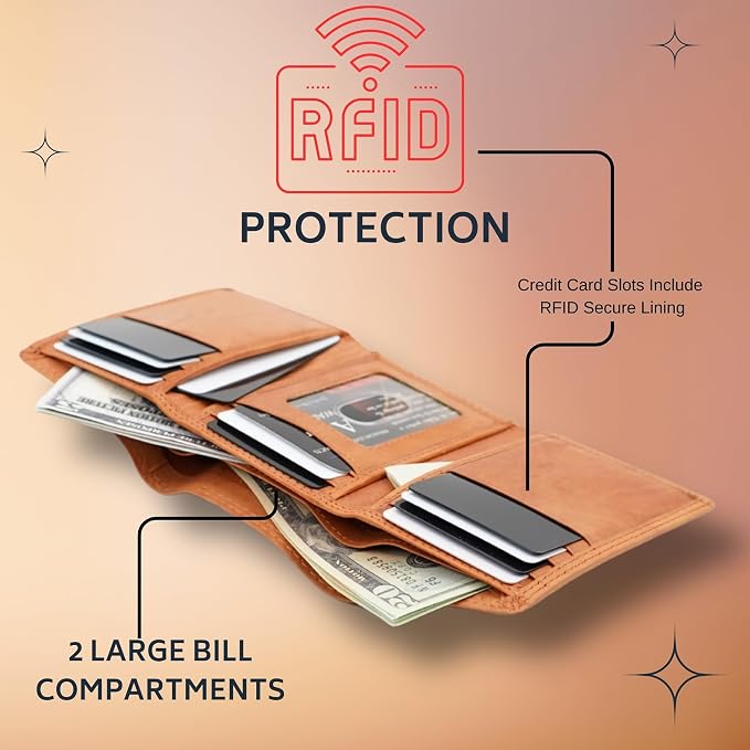 AG Wallets RFID Blocking Wallet for Men - Trifold Minimalist Slim Wallet with 10 Credit Card Slots & 3 Side Slots - 100% Genuine Leather Travel Wallet - Secure Compact Wallet - Tan - Image 4