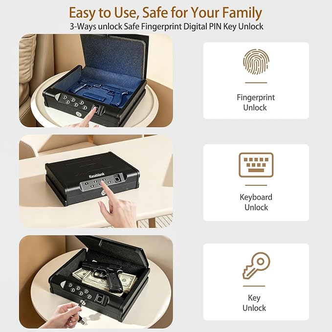 Biometric Fingerprint Handgun Safe, Small Nightstand Gun Lock Box with 3 Access Modes, 0.1s Quick Fingerprint Unlock & Voice Prompt, Heavy Steel Pistol Storage Box for Bedroom Home and Vehicle Use - Image 4