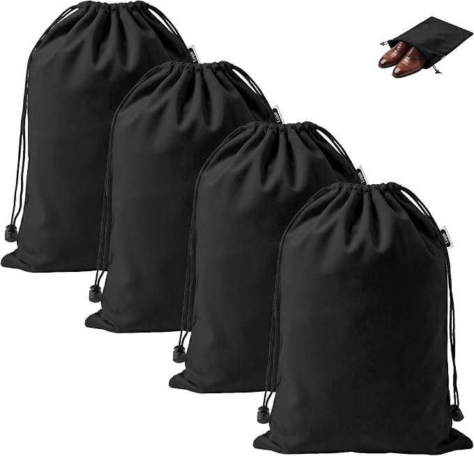 Travel Shoe Bags, 4 Pack Large Flannel Drawstring Bags (Black) | Soft Flannel fabric, 17.7 x 13.8 in, Fits up to Men's 13, Machine Washable by Unknown