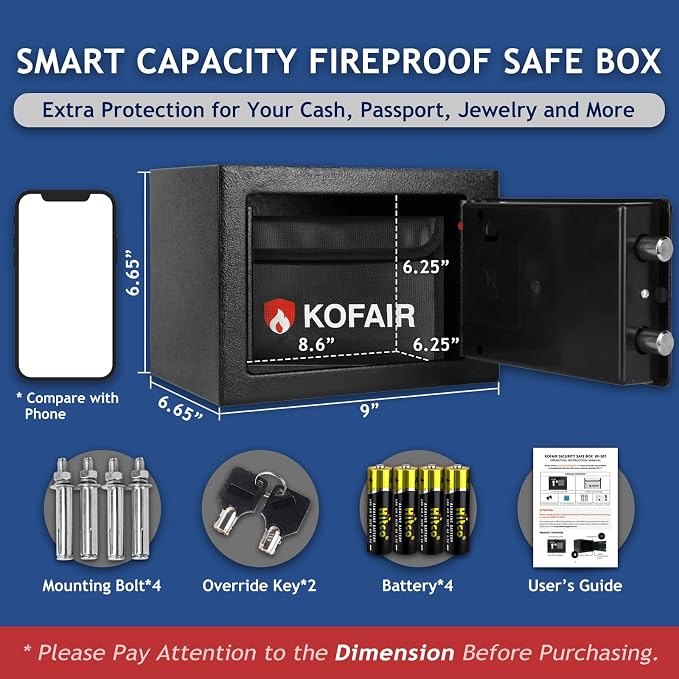 KOFAIR Safe Box for Home Safe (0.23 Cubic Feet) with Fireproof Bag, Personal Money Safe for Cash Saving, Mini Safe Box with Key, Digital Safety Box with Light, Money Lock Box - Image 5