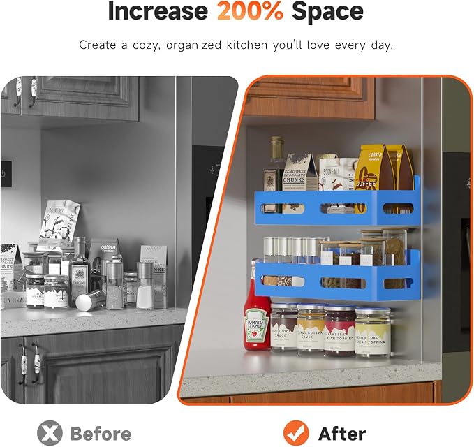 4-Pack Magnetic Spice Rack for Refrigerator with Hooks, Blue | Strong multipurpose magnetic shelf for kitchen & bathroom organization. Includes 4 removable hooks for hanging items. - Image 3
