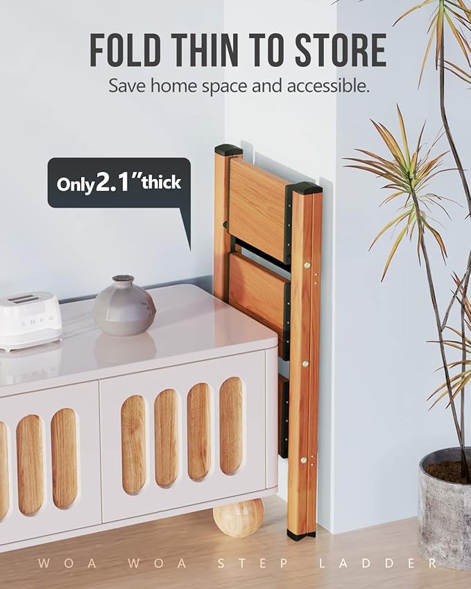 3 Step Ladder, Foldable Step Stool, 300lbs Load, Wood Grain | Folded 36''H x 3''T; Net 9 lbs; Rigid Aluminum Steps; No Assembly; For Home, Kitchen, Office, Pantry, Closets, Cabinets - Image 4