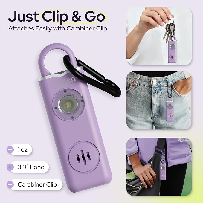 Rechargeable Personal Alarm Keychain for Women, 130dB Siren, Lavender | LED Light, Carabiner Clip, Low Battery Alert, USB-C Charging, TSA Safe Self Defense Whistle Alternative - Image 5