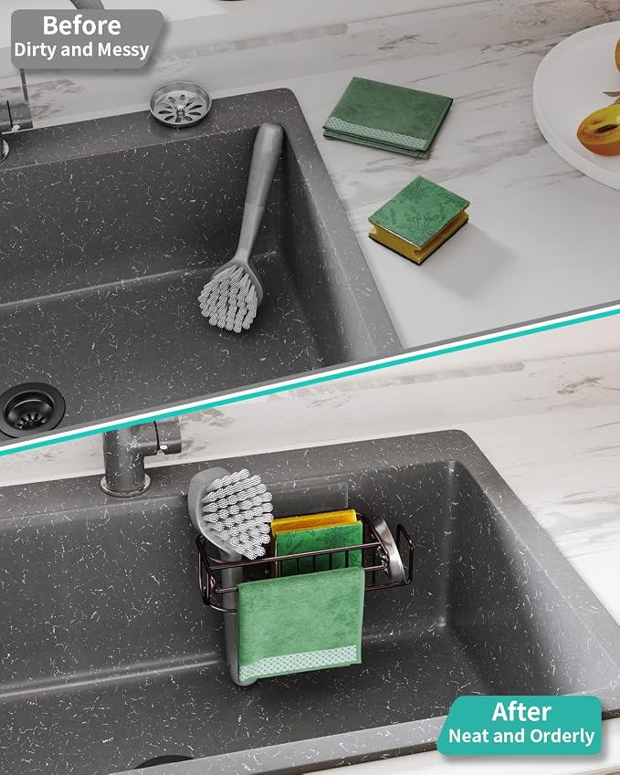 HapiRm 4 in 1 Adhesive Kitchen Sink Organizer, SUS304 Stainless Steel Brush Holder + Dish Cloth Hanger + Soap Rack + Sink Stopper Holder, No Drilling Sponge Caddy for Kitchen - Bronze - Image 7