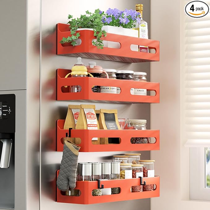 4-Pack Magnetic Spice Rack for Refrigerator with Hooks, Orange | Strong multipurpose magnetic shelf for kitchen & bathroom organization. Includes 4 removable hooks for hanging items. by Sevenblue
