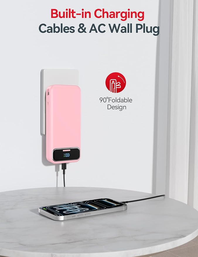 aonidi Portable Charger 20000mAh with Built-in Cables&AC Wall Plug, Pink | PD20W Fast Charging,Travel Essential,TSA Approved,LED Display,All in One USB C Power Bank for All Cell Phones Devices - Image 4