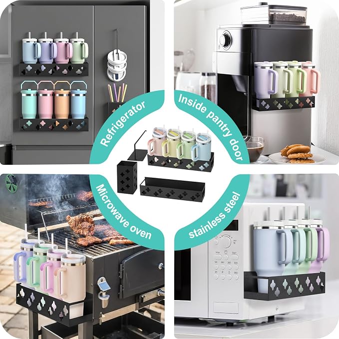 Magnetic Water Bottle Organizer for Fridge, Magnetic Cup Holder for Stanley 30 40 Oz with Tumbler Lid & Straw Organizer, 8 Tumblers Kitchen Storage Rack for Stanley Cup Accessories, Space-Saving - Image 4
