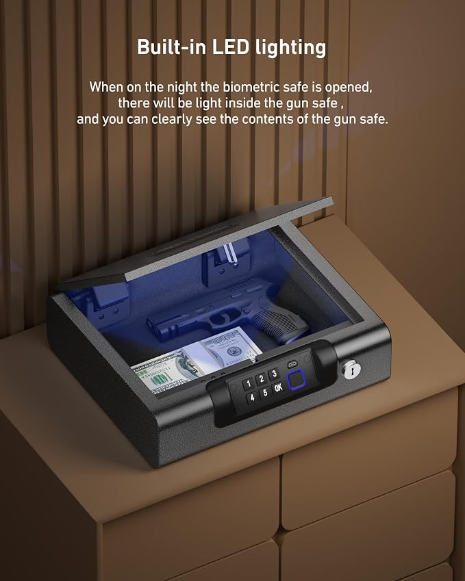 BILLCONCH Gun Safe,Biometric Fingerprint Gun Safe for Handgun Pistol Safes | Fingerprint PIN Key Unlock, Interior Light and USB Charging Lock box with Silent Mode for Bedroom Nightstand - Image 4