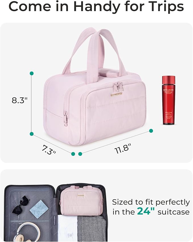 BAGSMART Travel Toiletry Bag, Crush Toiletry Bag for Women, Wide-open Puffy Toiletry Bags for Traveling, Large Travel Cosmetic Makeup Bag Organizer for Accessories,Toiletrie, Pink - Image 6
