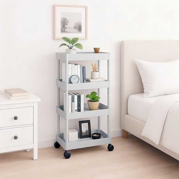 ShellKingdom 4 Tier Bathroom Storage Organizer, Slim Rolling Storage Cart for Narrow Space, Mobile Shelving Unit with Lockable Wheels and Hooks for Bathroom, Kitchen, Laundry Movable Shelf (Grey) - Image 3