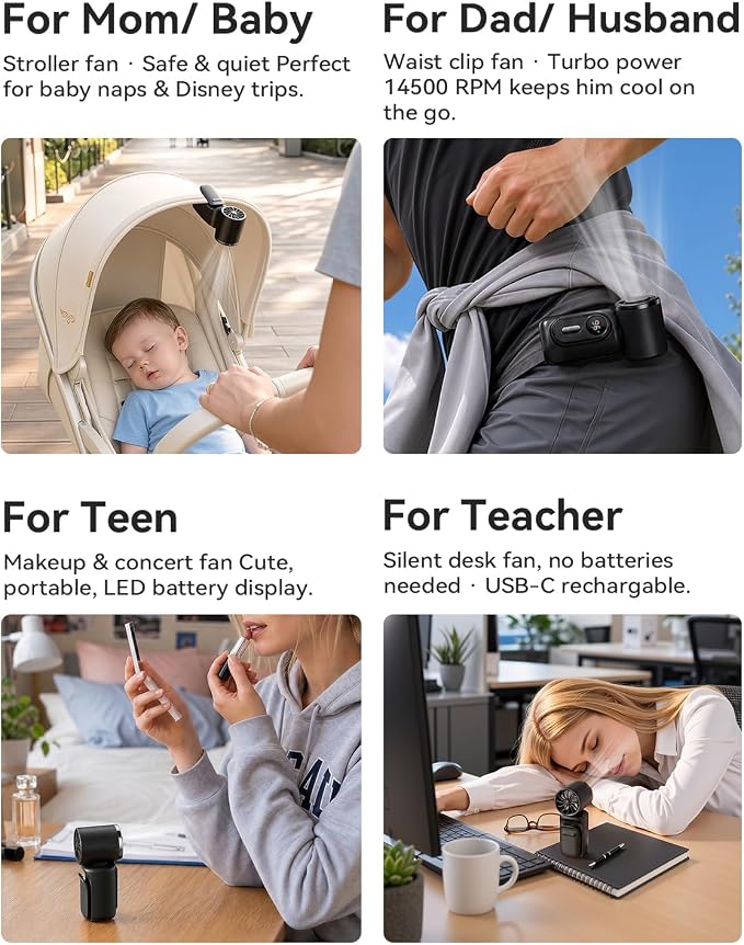 Mini Clip on Fan Handheld, 3000mAh Rechargeable Portable Fan with LED Display, 3-in-1 Personal Cooling Fan, 4 Speeds Quiet USB C Fan for Stroller Desk Travel Camping Office for Women Men Kids, Black - Image 3