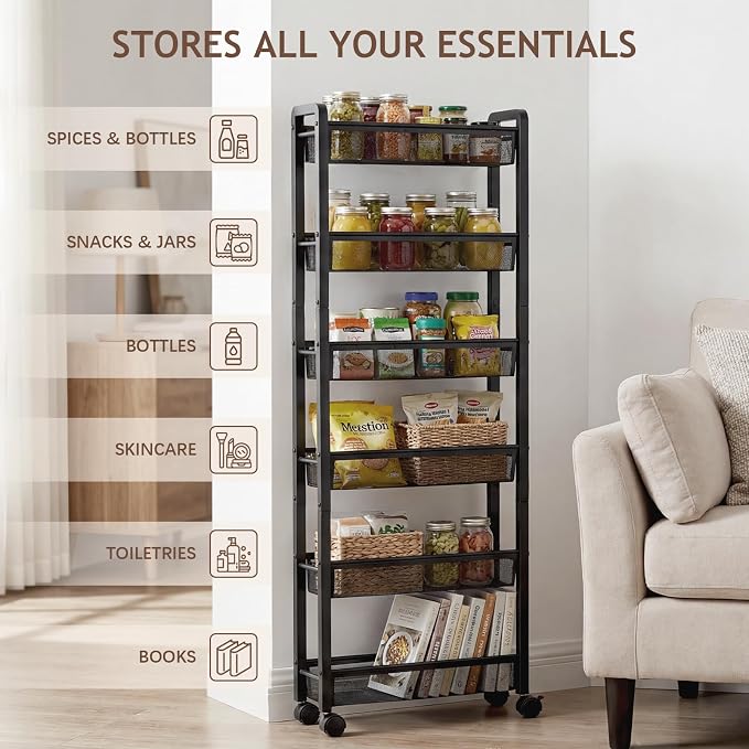 6 Tier Slim Rolling Storage Cart, Narrow Kitchen Storage Cart, Spice Rack Organizer with Wheels, Space Saving Shelf for Living Room, Laundry Room, Bathroom, Narrow Spaces - Image 6