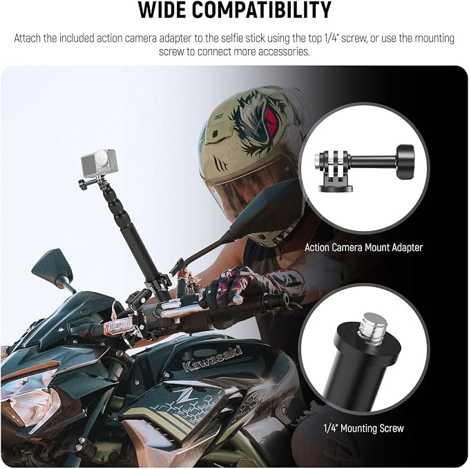 NEEWER Motorcycle Camera Mount Kit, Bicycle Handlebar Invisible Selfie Stick with Dual Ball Heads, Super Clamps, Action Camera Adapter Compatible with GoPro Insta360 DJI AKASO Action Cameras, GP-30 - Image 3