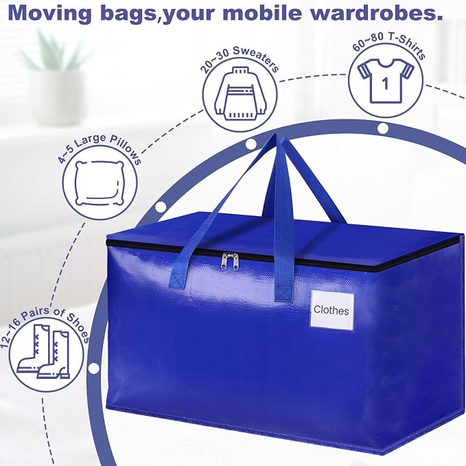 StorageRight Moving Bags, Moving Boxes, 93L 6-Pack Sotrage Bags, 4 Colors | Heavy Duty Storage Bins with Lids, Zipper, Reinforced Handles, Tag Pocket, Foldable Moving Supplies for Collge, Dorm,Travel - Image 4