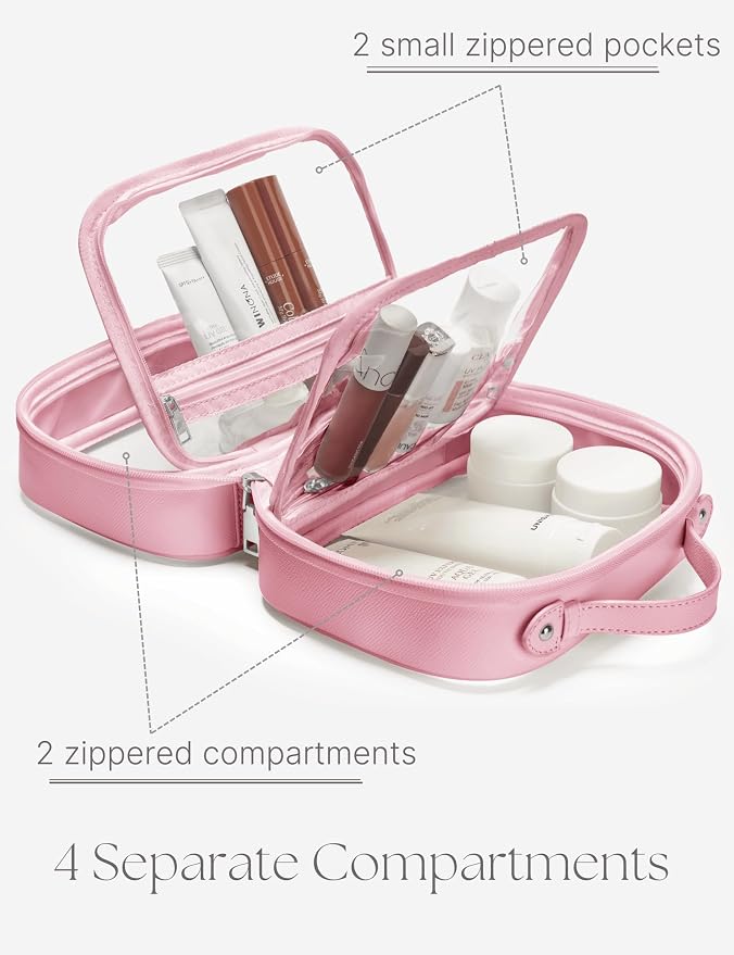 Clear Cosmetic Bag Double Layer Travel Toiletry Bag Clear Makeup Bag Case with 4 Compartments, Transparent Travel Bag for Toiletries, Large Toiletry Bag for Women Cosmetic Case (Pink, Small) - Image 3
