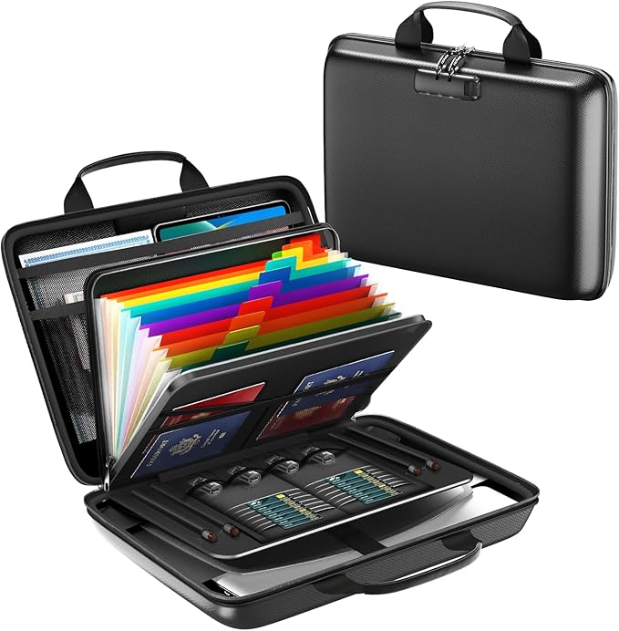 Fireproof Document Box, Hard Case Fireproof File Organizer with Lock and 13 Pocket Accordion File Folder, Portable Safe Box for Home Office Travel to Storage Important Documents Laptop Black by Unknown