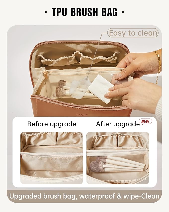 EACHY Travel Makeup Bag for Women, PU Leather Cosmetic Bag, Brown, Medium | Water-resistant PU leather exterior with flat-open access, clear TPU brush compartment and organized storage for cosmetics - Image 3