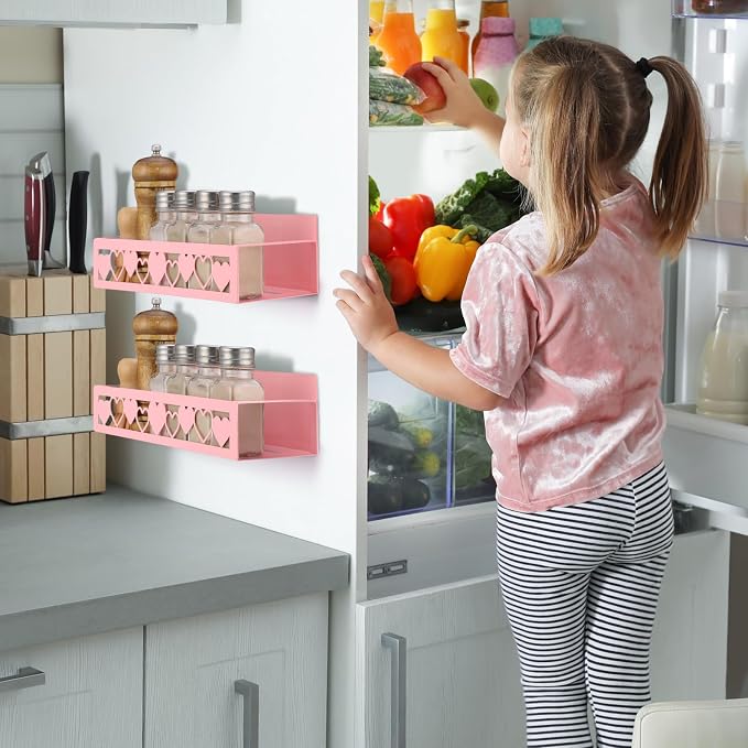Beeveer 2 Pcs Magnetic Spice Rack for Refrigerator, Pink Heart | Magnetic, No Drilling, Pink Heart Kitchen Decor, Aesthetic Home Accessories, 2 Sizes Metal Storage Shelf for Fridge Spices - Image 2