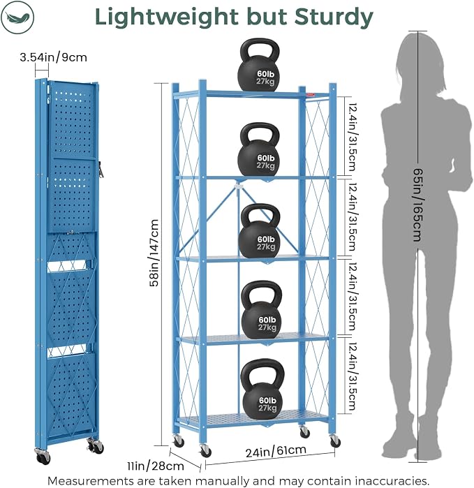 DEANIC 5-Shelf Folding Bookcase with Wheels, Heavy Duty Storage Shelves, Freestanding Metal Wire Shelving Unit for Living Room, Office, Kitchen, Basement, Pantry(Blue) - Image 3