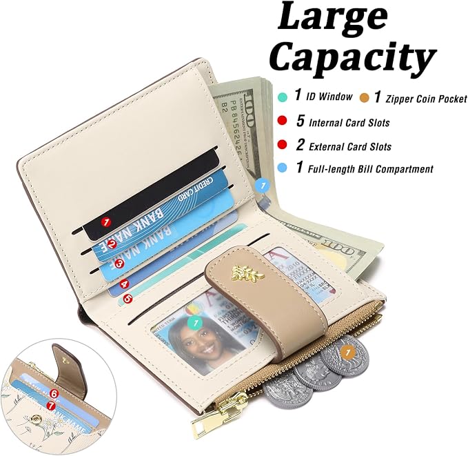 GAEKEAO Small Wallets for Women RFID Blocking Leather Bifold Zipper Pocket Wallet Credit Card Holder with ID Window - Image 2