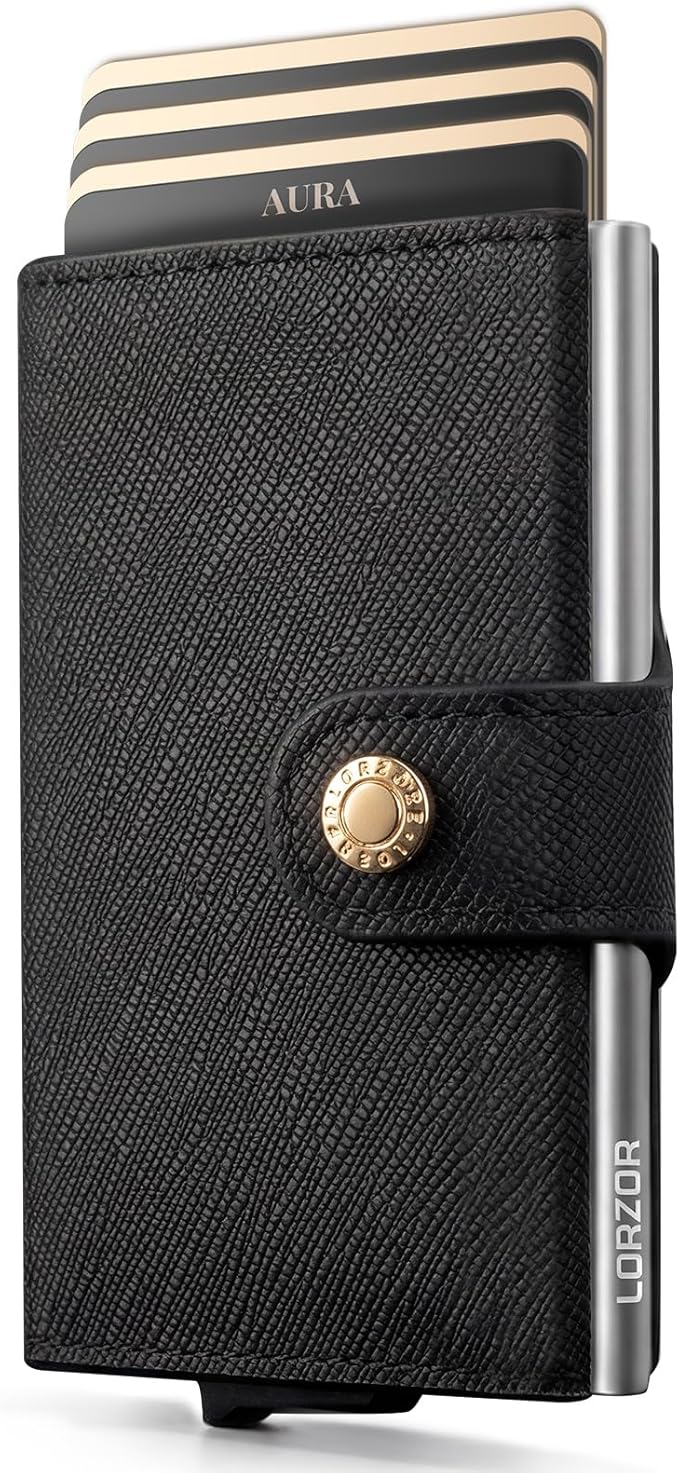 Women Wallet RFID Blocking Wallet for Women, Slim Small Size, Top Grain Leather, Pop up Credit Card Holder, Trifold, Minimalist, Black Saffiano 9-11 Cards Capacity ID Window Cash Pocket,Gift for Her by LORZOR