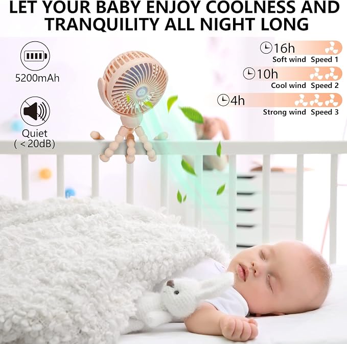 snawowo Mini Portable Baby Stroller Fan, Battery Operated Clip on Fan | Rechargeable 360° Rotate Flexible Tripod Handheld Cooling for Car Seat Crib Treadmill Travel pink - Image 4