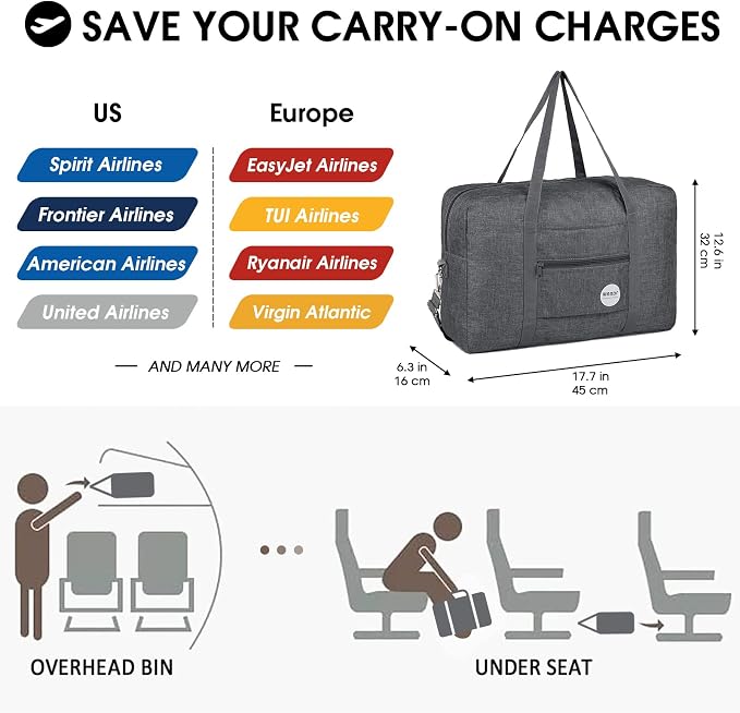 WANDF Foldable Travel Duffel Bag Luggage Sports Gym Water Resistant Nylon (E-Denim Gray with Strap) | 18x14x8 inches, Airline Underseat Aprroved, Weekend Overnight Trips, Lightweight Packable - Image 2