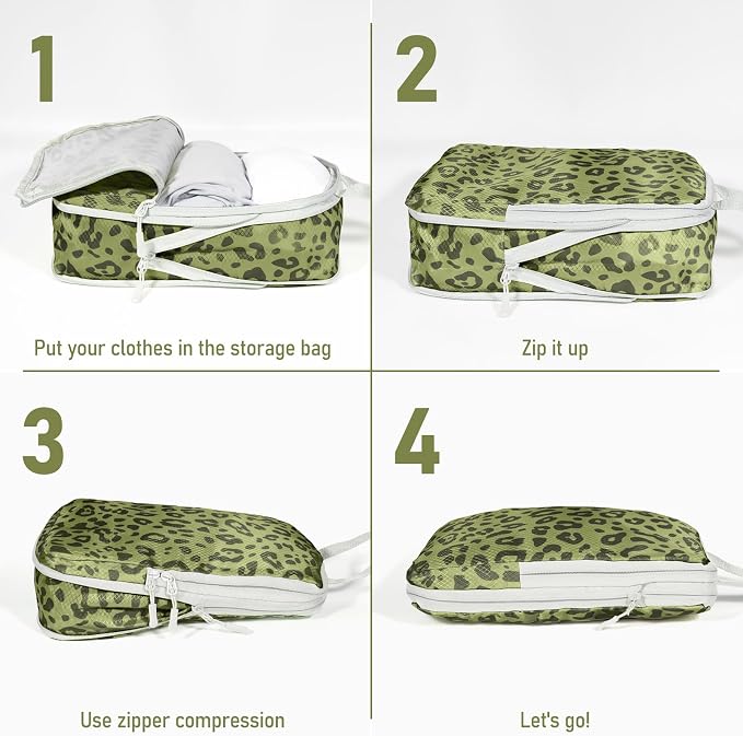 4 Set Compression Packing Cubes For Travel Bags Organizer For Luggage Suitcase Organizer, Compression Bags For Travel Accessories Luggage Storage Set (4 Pcs, Green Leopard) - Image 3
