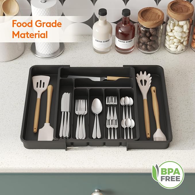 Lifewit Expandable Silverware Drawer Organizer, Kitchen Utensil Tray | BPA-free Plastic Flatware Cutlery Holder, Space-Saving Storage for Spoons Forks Knives, 11.8-19.6 x 15“, Black - Image 9