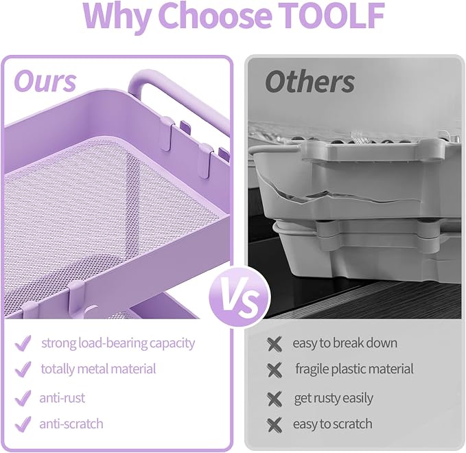 TOOLF 4 Tier Metal Rolling Cart, Utility Storage Cart with Wheels, Purple | Screwless Assembly, Lockable Metal Wheels, Trolley Organizer for Bathroom, Kitchen, Office, Dorm, Laundry, Craft Room - Image 3