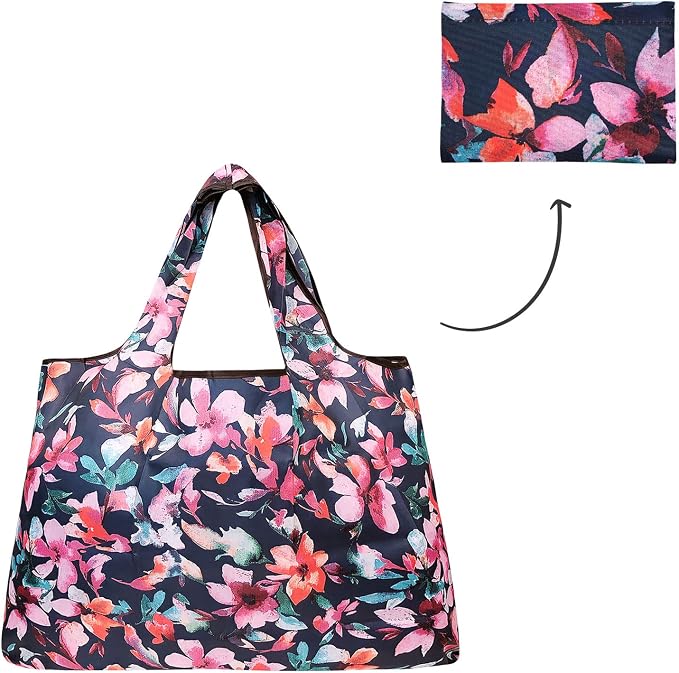 allydrew Large Foldable Tote Nylon Reusable Grocery Bags, Tropical Flowers - Image 5