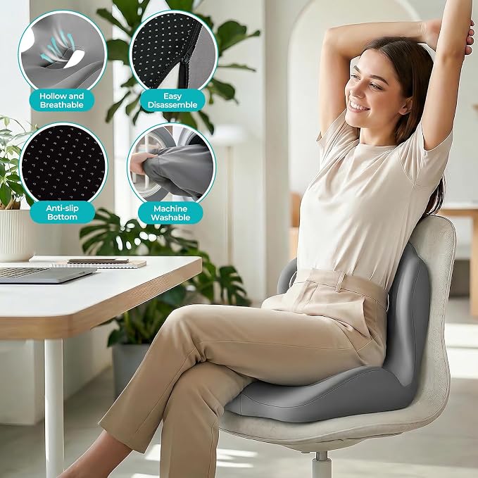 Memory Foam Seat Cushion with Lumbar Support Pillow for Truck Driver, Ergonomic L-Shaped Car Seat Cushion for Tailbone Pressure Relief, Non-Slip Chair Pad for Long Driving, Gray - Image 3
