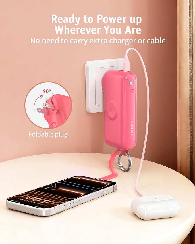 RORRY Flow Portable Charger 10000mAh 40W Wall Plug Power Bank Battery Pack | Built-in USB-C Cable, Keychain Design, Fast Charging, for iPhone 17/16/15, Apple Watch, iPad, 3-in-1, Travel Essential - Image 6