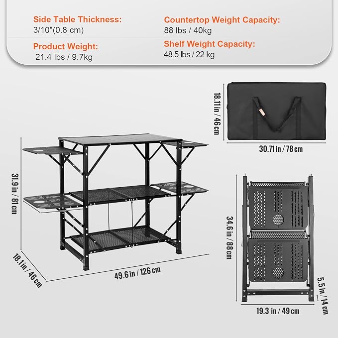 VEVOR Camping Kitchen Table, Aluminum Folding Portable Outdoor Cook Station with 4 Iron Side, 2 Shelves & Carrying Bag, Quick Installation for Picnic BBQ Beach Traveling - Image 3