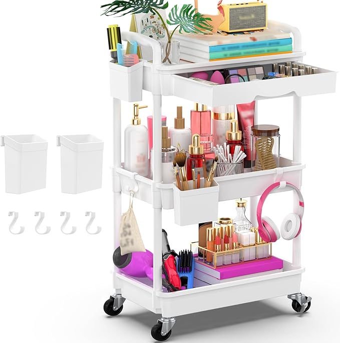 Goovilla 3 Tier Rolling Utility Cart Organizer with Removable Drawer, White | Stable and Sturdy Rolling Storage Carts with 2 Lockable Wheels for Bathroom, Kitchen, Snack, Craft, Makeup, Baby Essentials by Goovilla