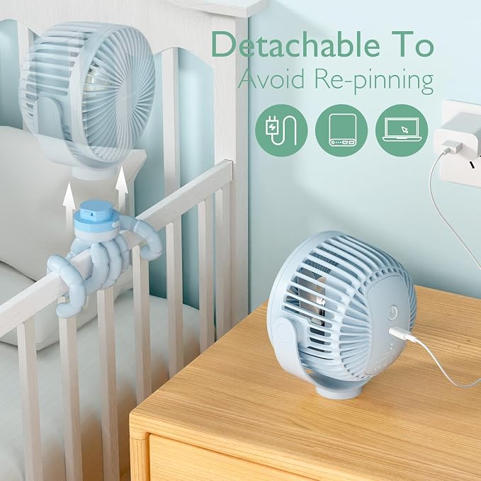 Momcozy 8000mAh Portable Stroller Fan, 27H Ultra-long Battery Life | Detachable 4 Speed 360°Rotate LED Night Light with 2 Modes, USB Rechargeable Handheld Cooling Fan for Travel/Car Seat/Bedroom - Image 5