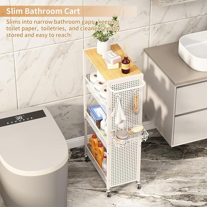 Slim Storage Rolling Cart: 4-Tier Narrow Metal & Wood Utility Cart with Wheels for Kitchen/Laundry/Bathroom(White) - Image 5