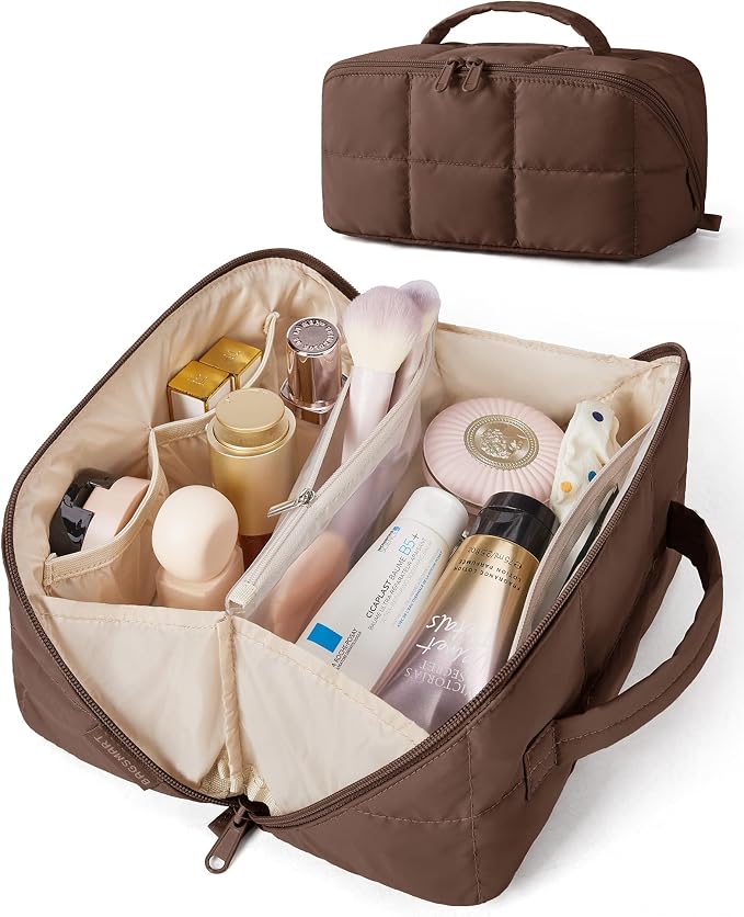 BAGSMART Easy-Access Makeup Bag, Water-Resistant Travel Toiletry Organizer | Opens flat easy access roomy makeup smart compartments lightweight water-resistant dual zippers for travel daily use by BAGSMART